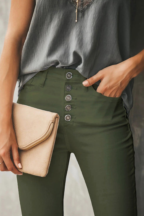 Plain High Waist Buttons Frayed Cropped Denim Jeans